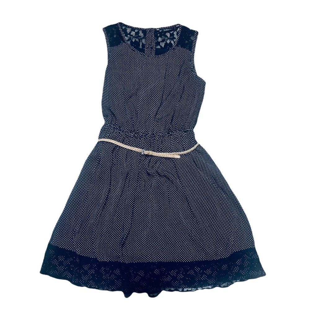 ZARA POLKA DOT LACE TRIM BELTED SLEEVELESS SKATER MINI DRESS NAVY WHITE SMALL